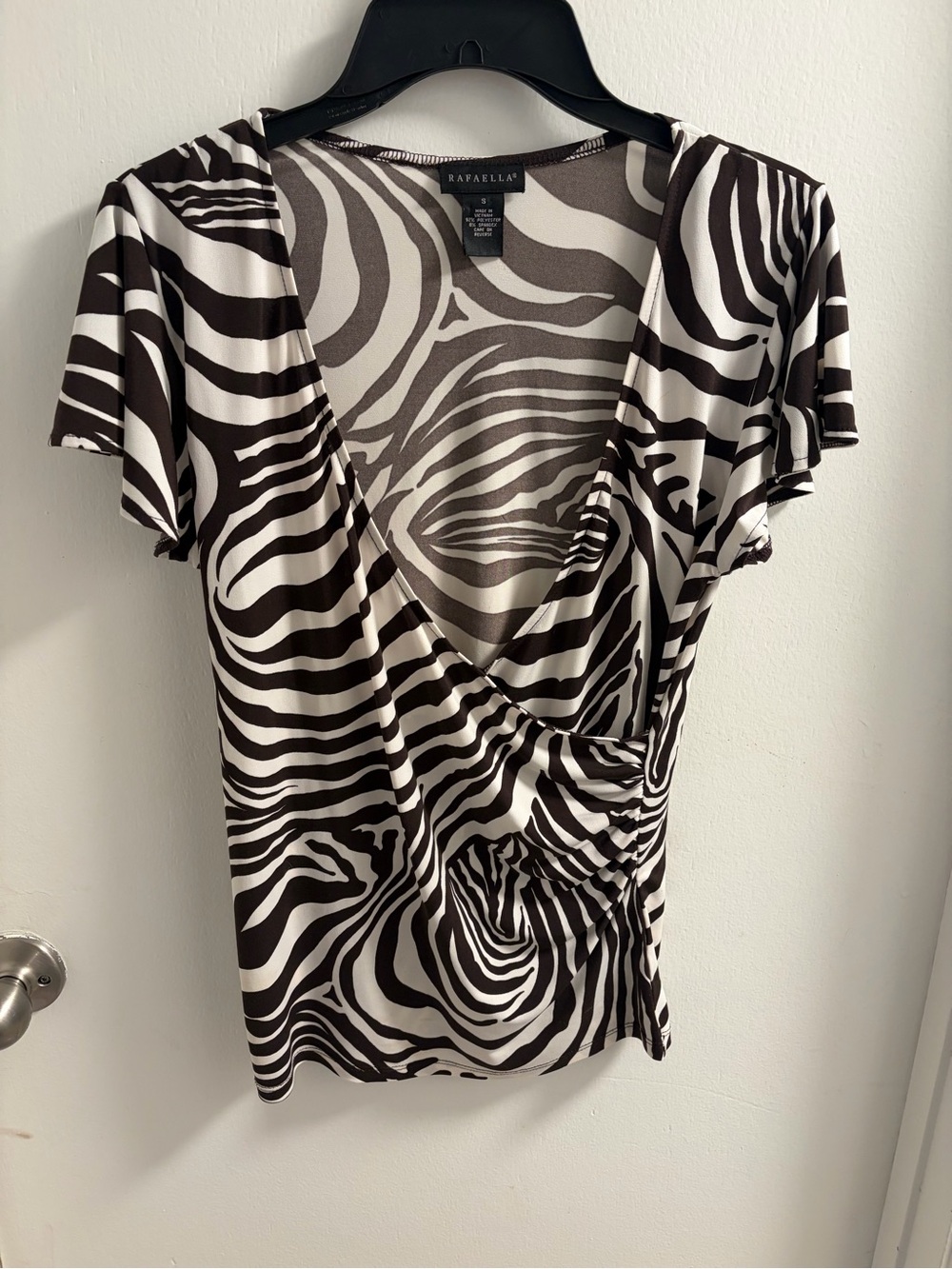 Rafaella Zebra Print Ruched Wrap Top Women’s S Brown Cream Y2K Animal Print
